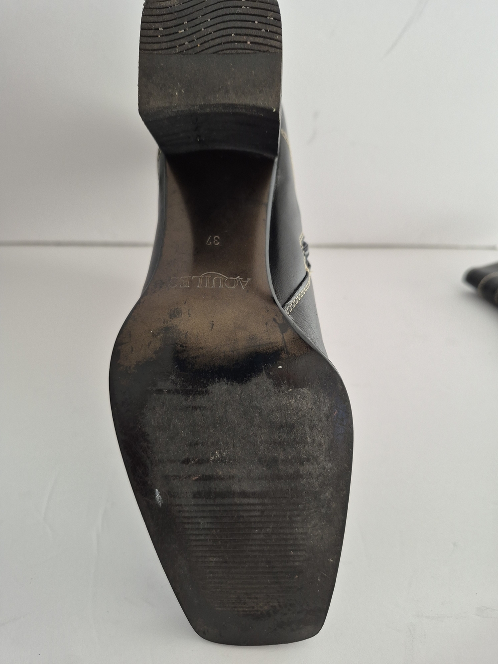Black Leather Square-Toe Heel Boots